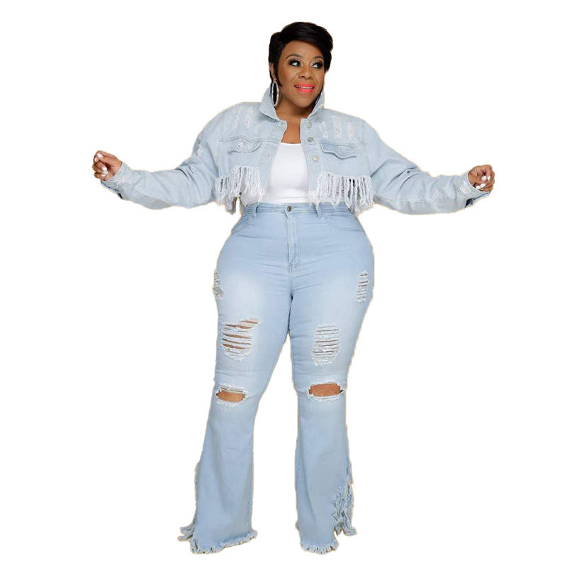 Plus Size Ripped Tassel Bell-Bottom Code Jeans