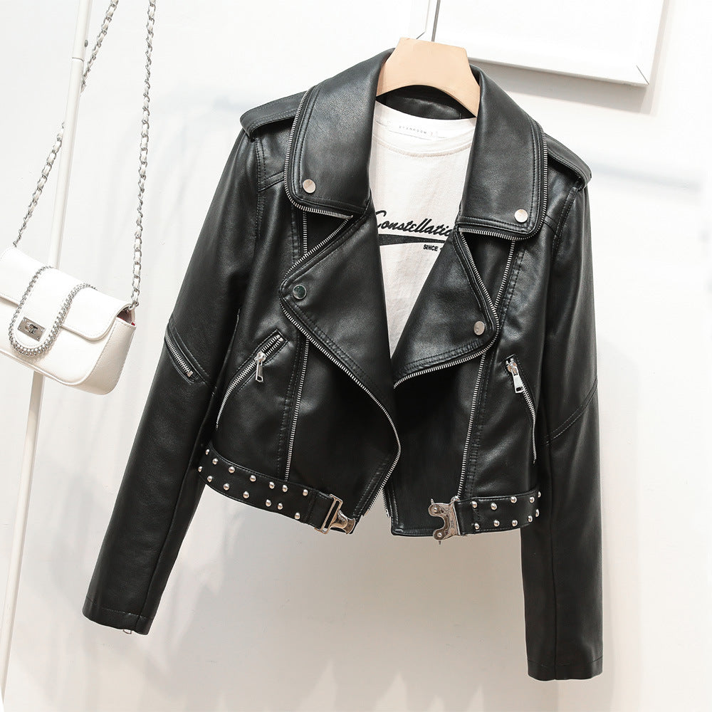 Waist Belt Rivet Heavy Industry Zipper Decorations Collared Women Faux Leather Jacket Coat