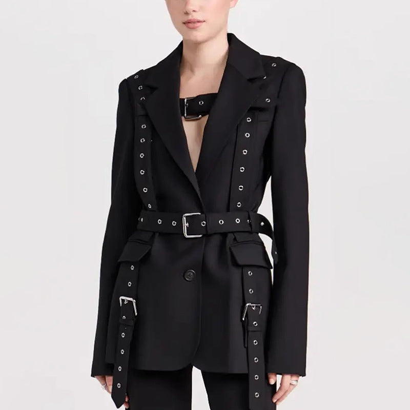 Elegant Rivet Buckle Tight Waist Blazer