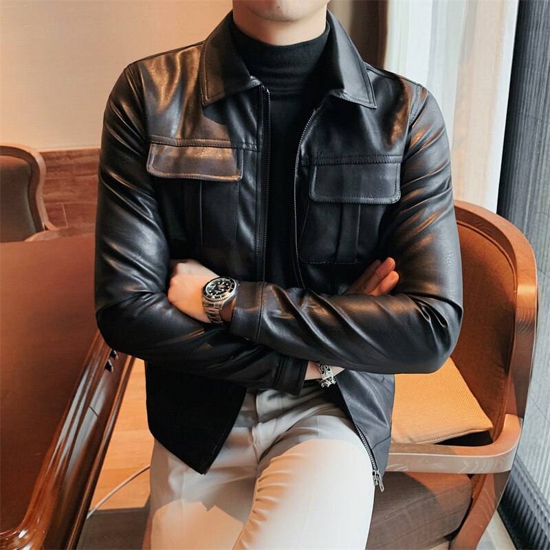 Classic Autumn Motorcycle Leather Single Breasted Men Jacket