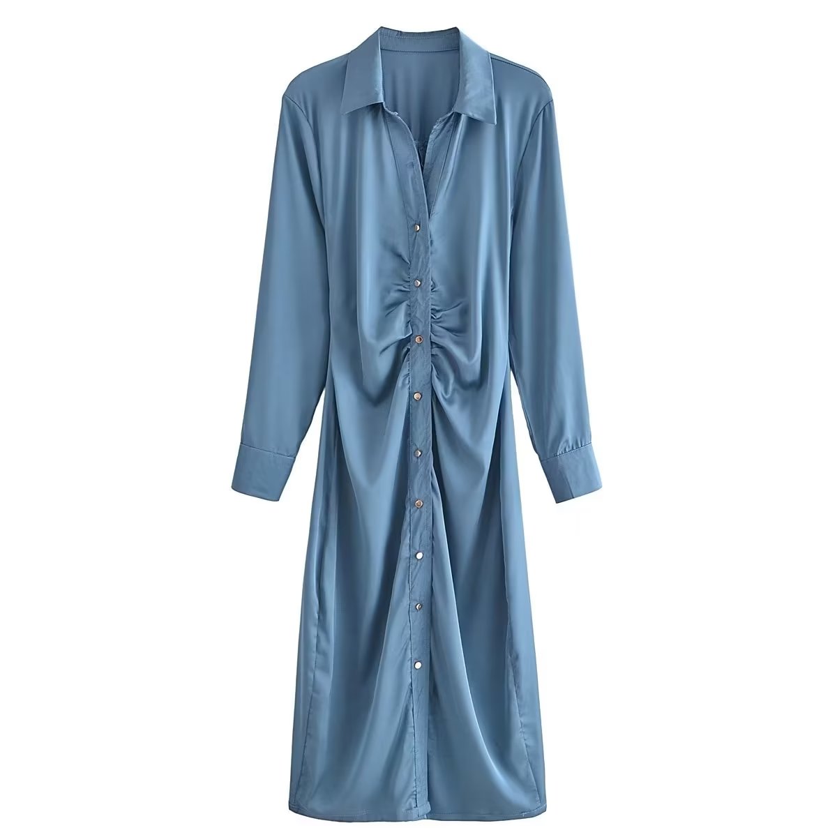 Pleated Decorative Silk Satin Textured Shirt Dress