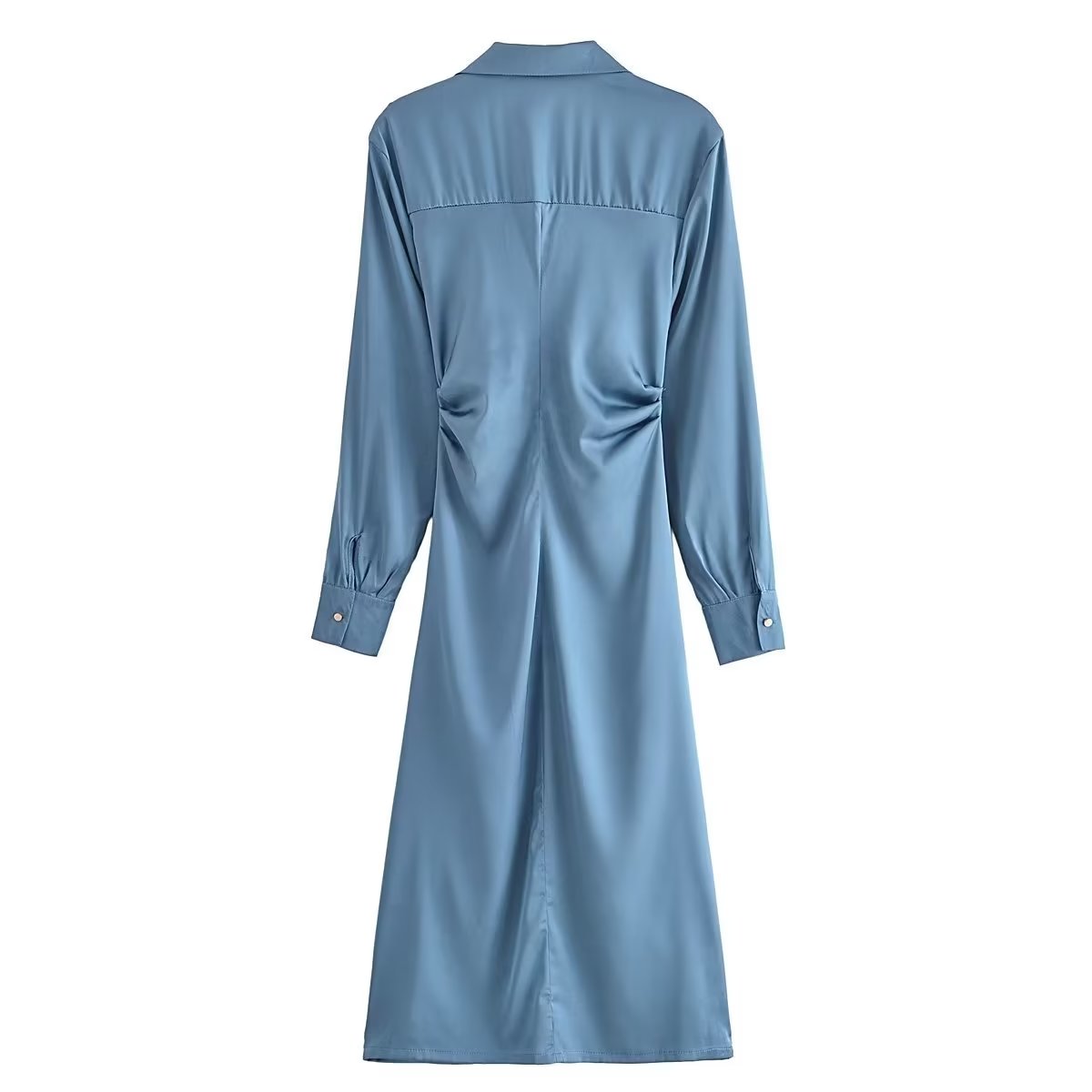 Pleated Decorative Silk Satin Textured Shirt Dress