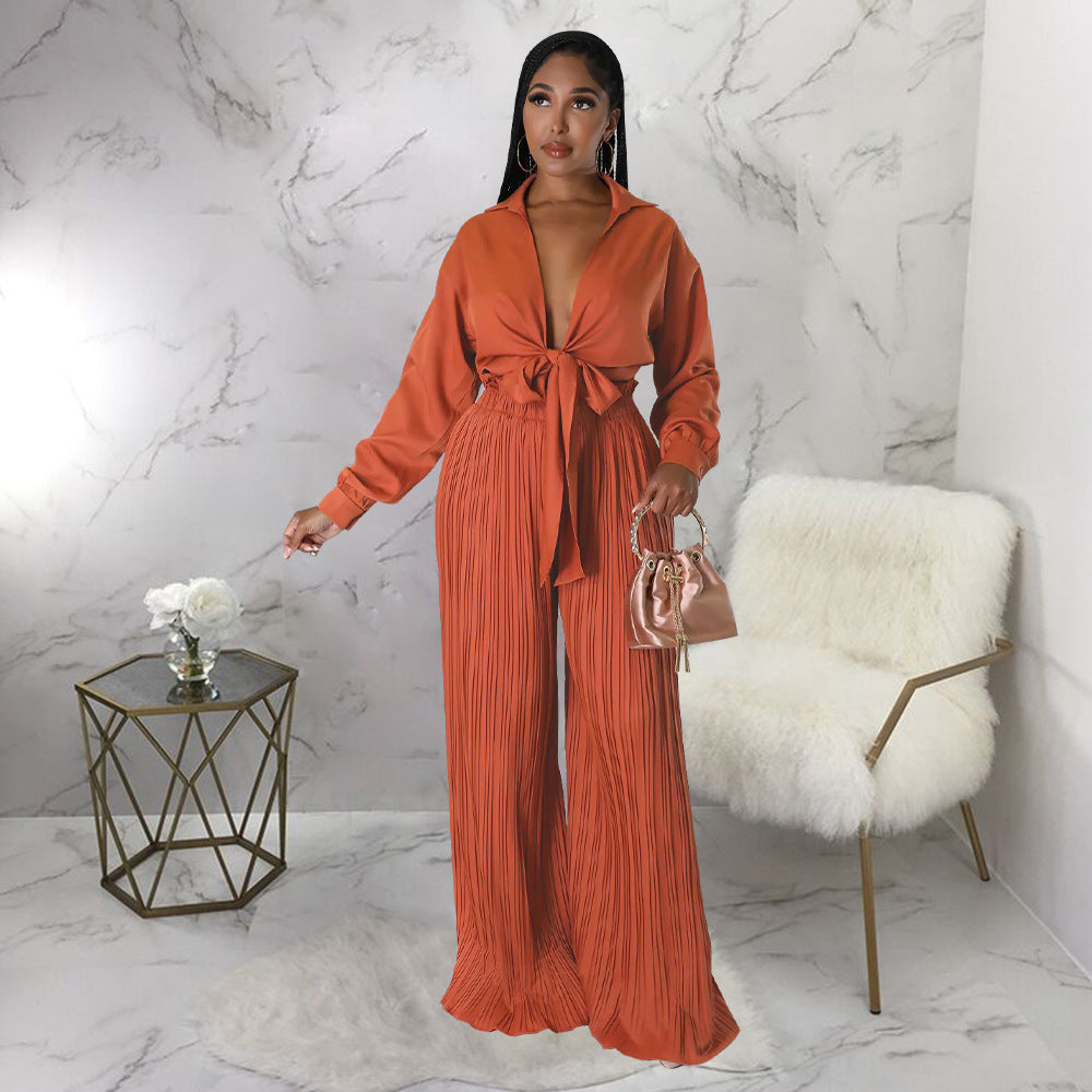 V Neck Lace up Pleated Blouse and Pants Set