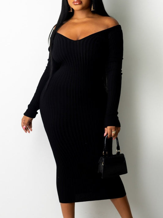 V Neck off the Shoulder Thread Fitted Sexy Dress