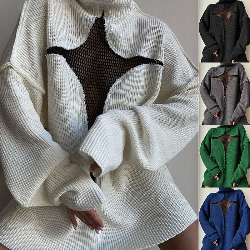 Patchwork Mesh Loose High Collar Knitted Sweater Pullover