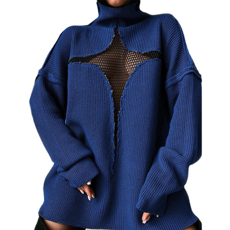 Patchwork Mesh Loose High Collar Knitted Sweater Pullover