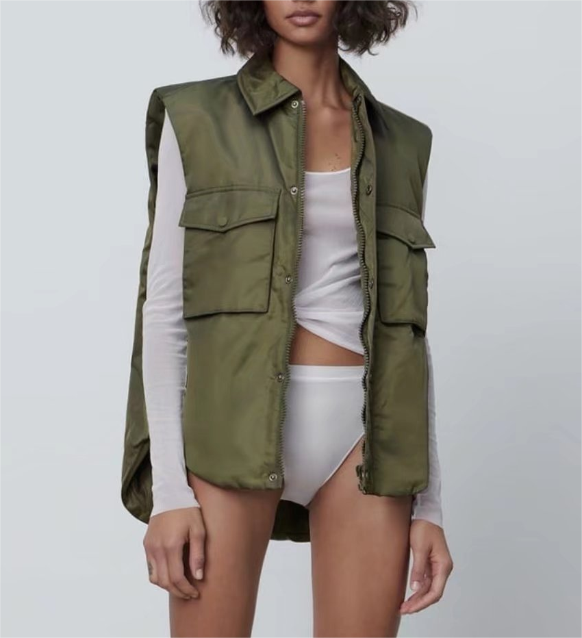 Spring Summer Cotton Padded Jacket Work Vest Army Green Cardigan