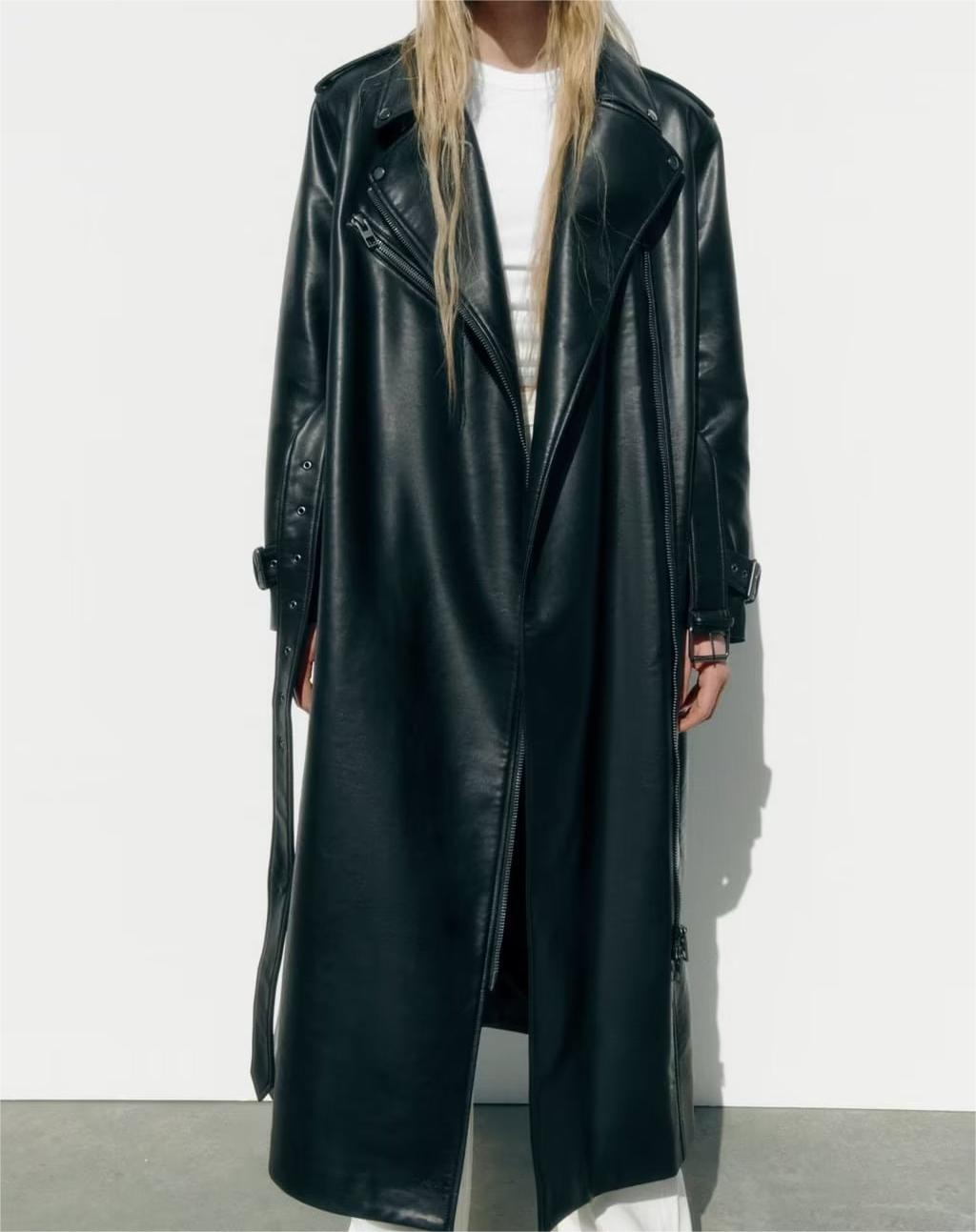 Belted Black Faux Leather Trench Coat