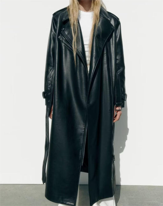 Belted Black Faux Leather Trench Coat