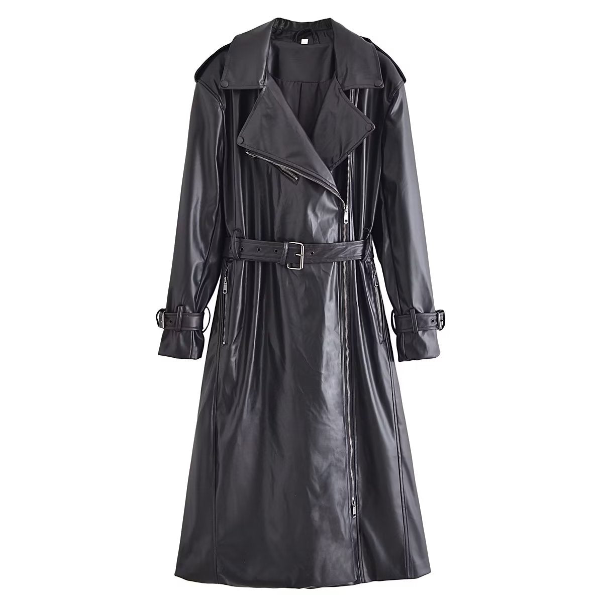 Belted Black Faux Leather Trench Coat