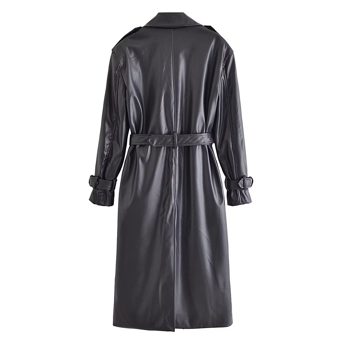 Belted Black Faux Leather Trench Coat