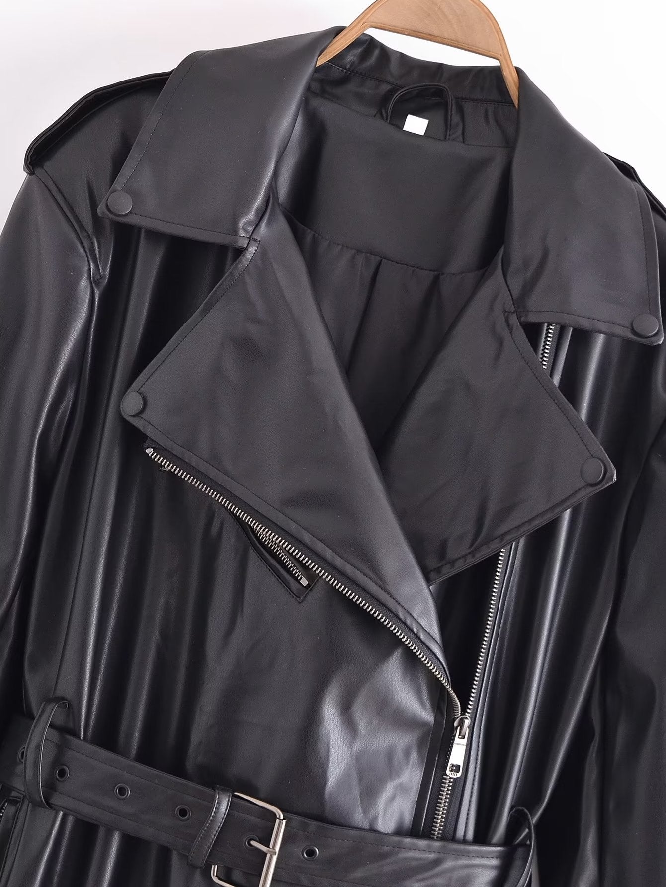 Belted Black Faux Leather Trench Coat