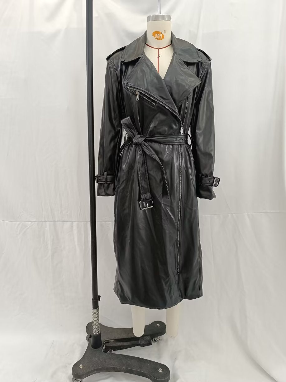 Belted Black Faux Leather Trench Coat