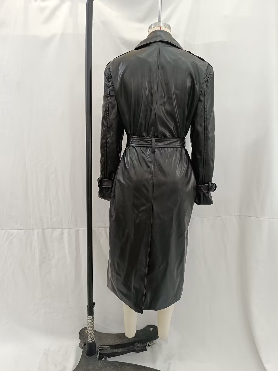 Belted Black Faux Leather Trench Coat