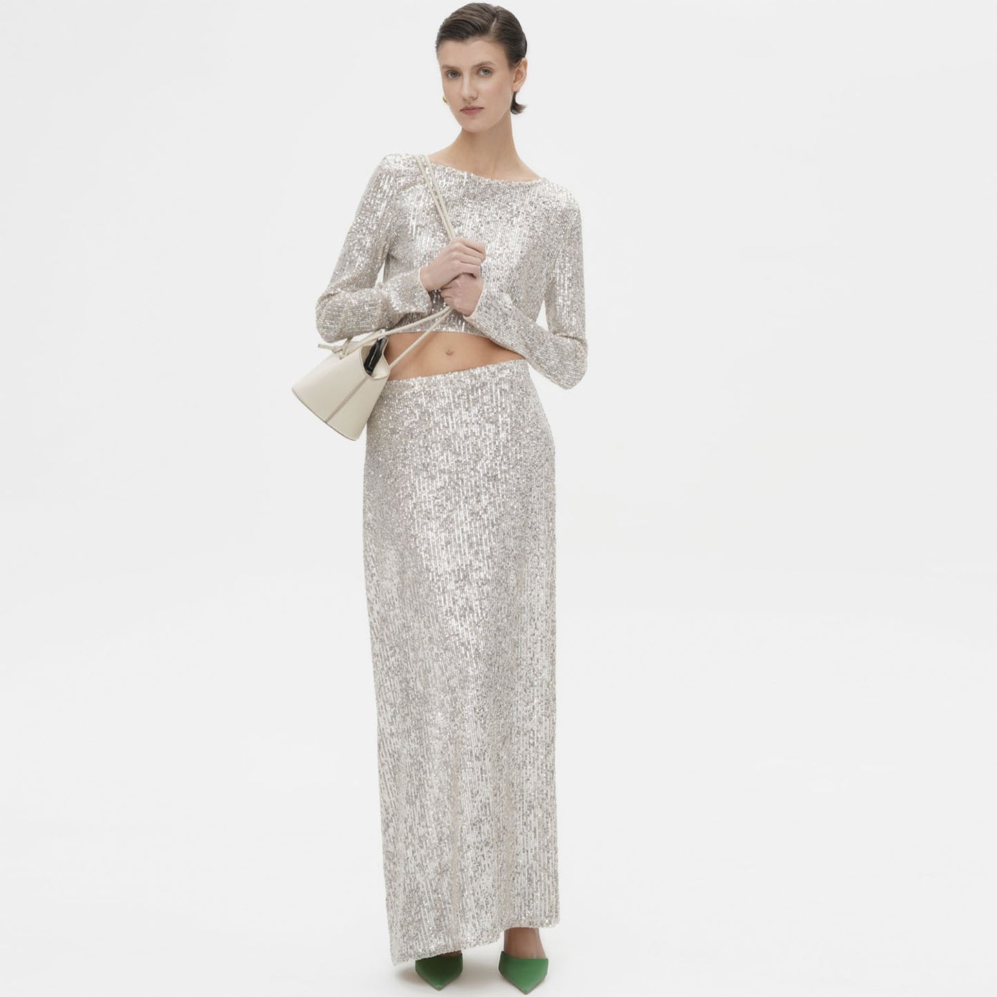 Sequin Crop Shirt Midi Long Skirt Set