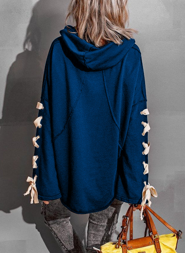 Lace Up Oversized Hooded Pile Collar Frayed Sweater