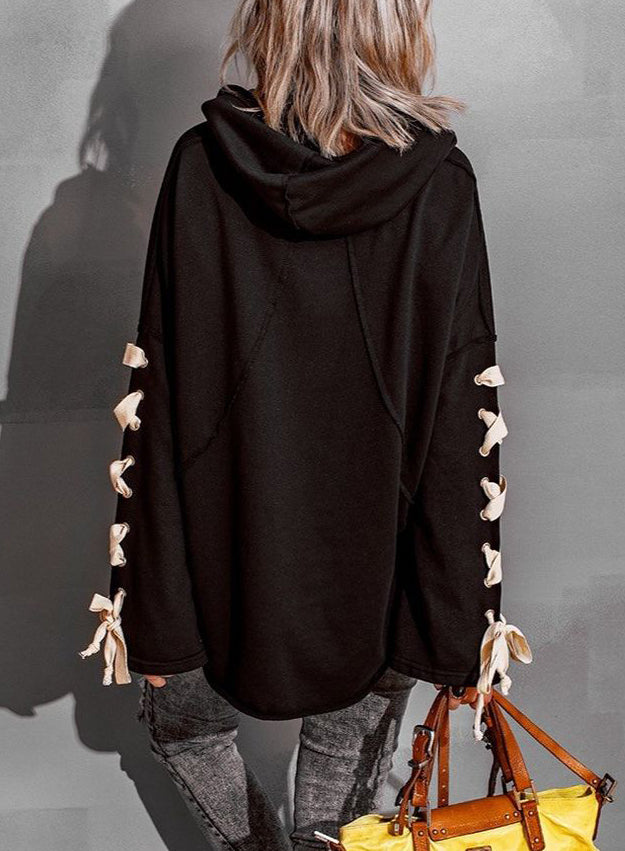 Lace Up Oversized Hooded Pile Collar Frayed Sweater