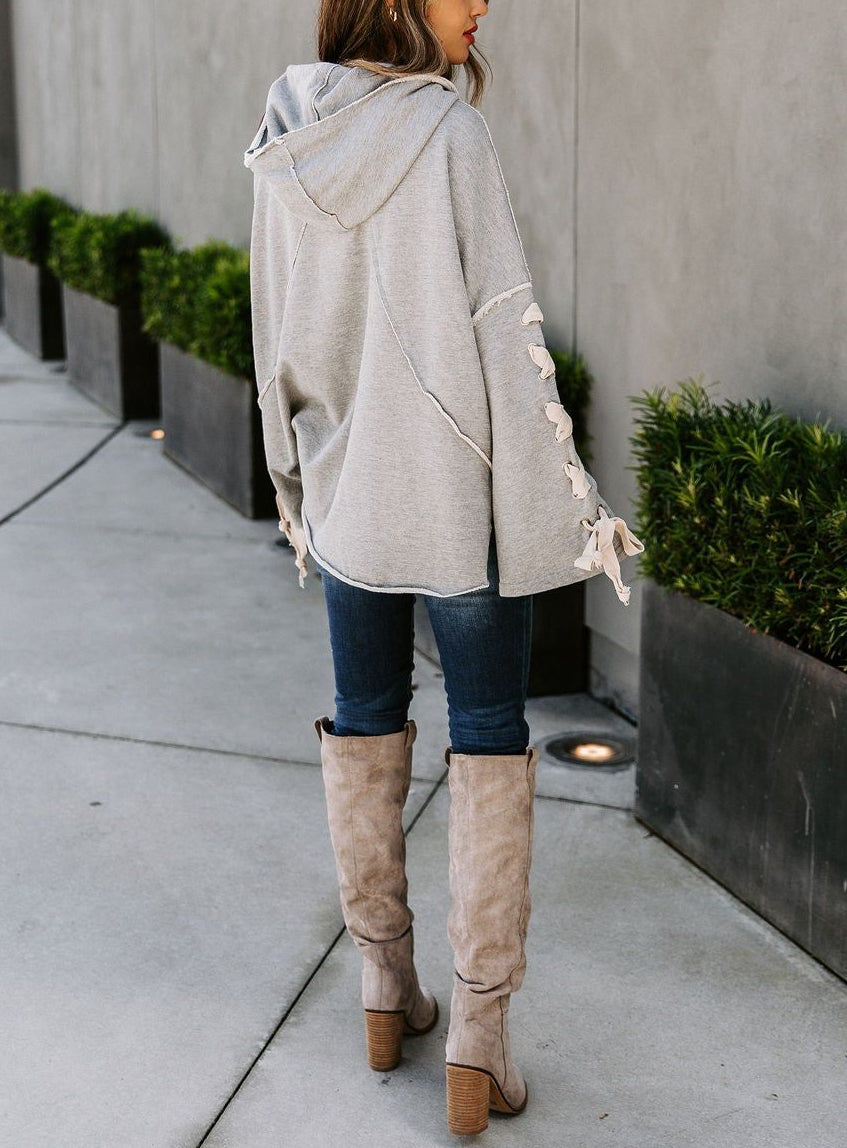 Lace Up Oversized Hooded Pile Collar Frayed Sweater