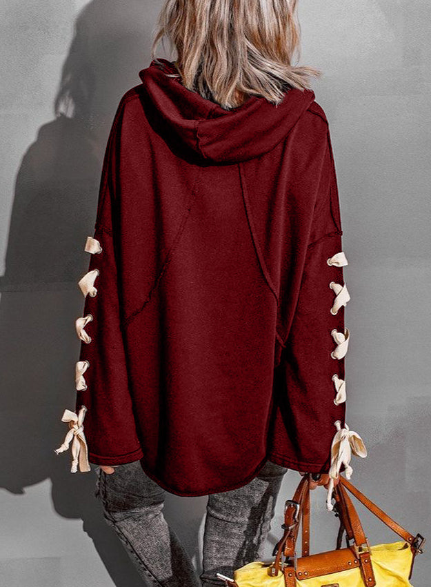 Lace Up Oversized Hooded Pile Collar Frayed Sweater