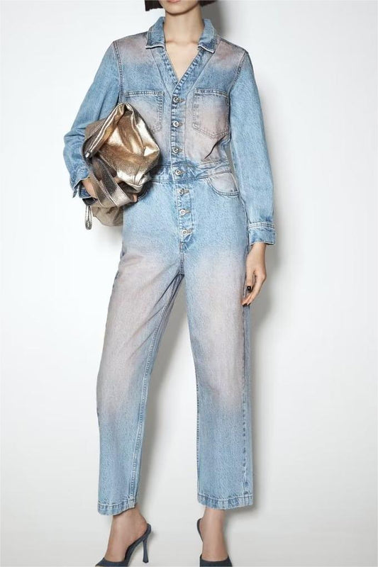 French Pan Pink Washed Denim Jumpsuit