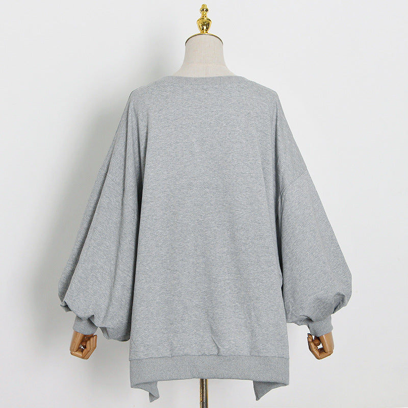 Spring Korean round Neck Bat Lantern Sleeve Cape Long Velvet Lining Hem Irregular Asymmetric Hoodie