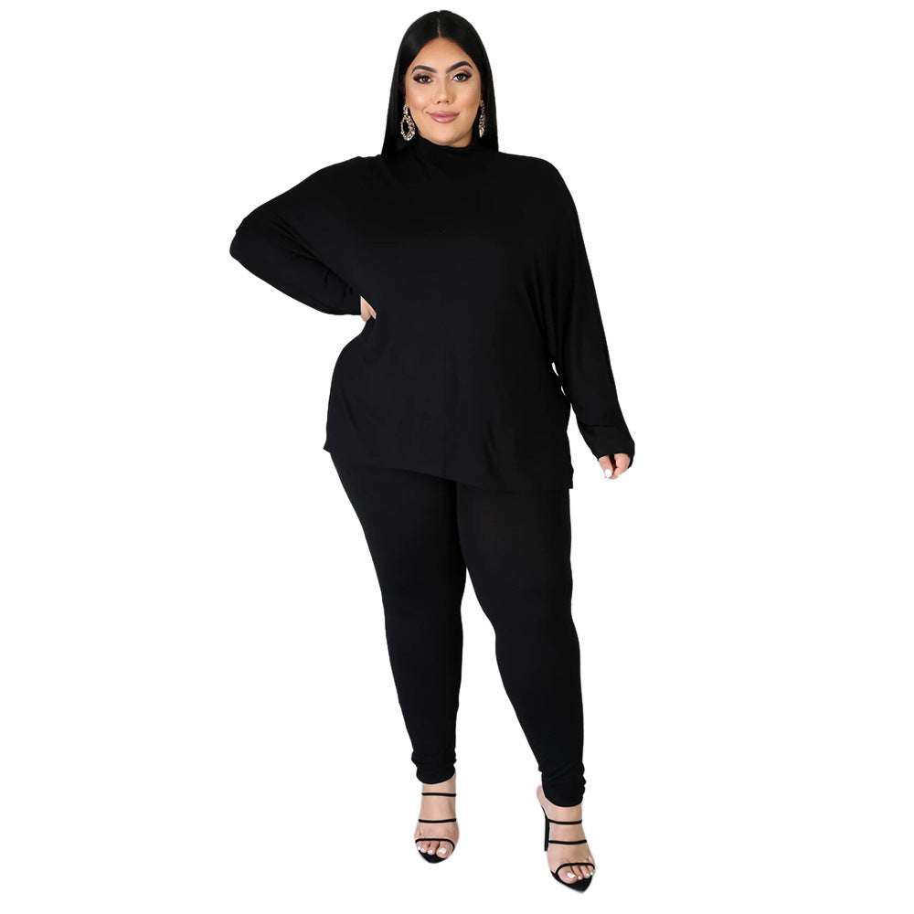 Plus Size Turtleneck Solid Color Casual Sports Set