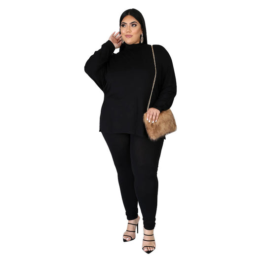 Plus Size Turtleneck Solid Color Casual Sports Set