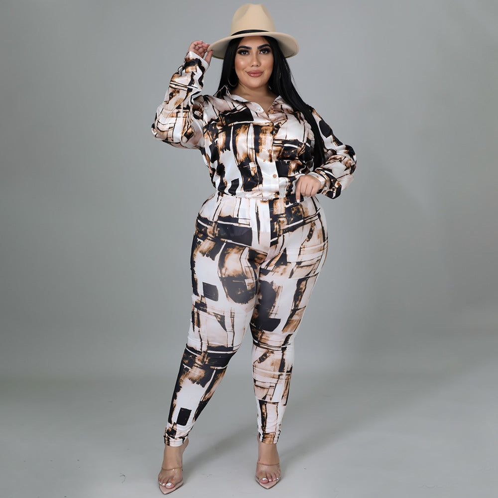 Glossy Shirt Long Sleeve Digital Printed Pants Set