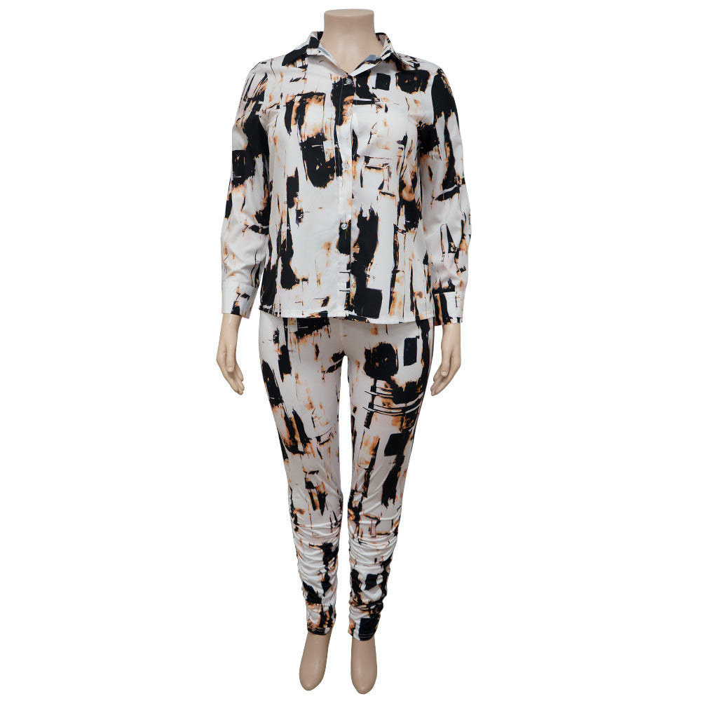 Glossy Shirt Long Sleeve Digital Printed Pants Set