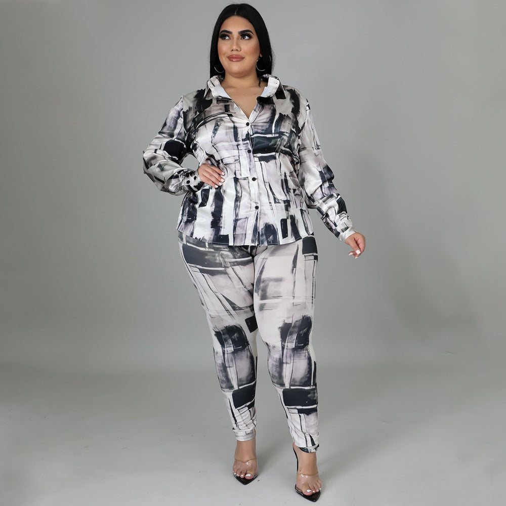 Glossy Shirt Long Sleeve Digital Printed Pants Set