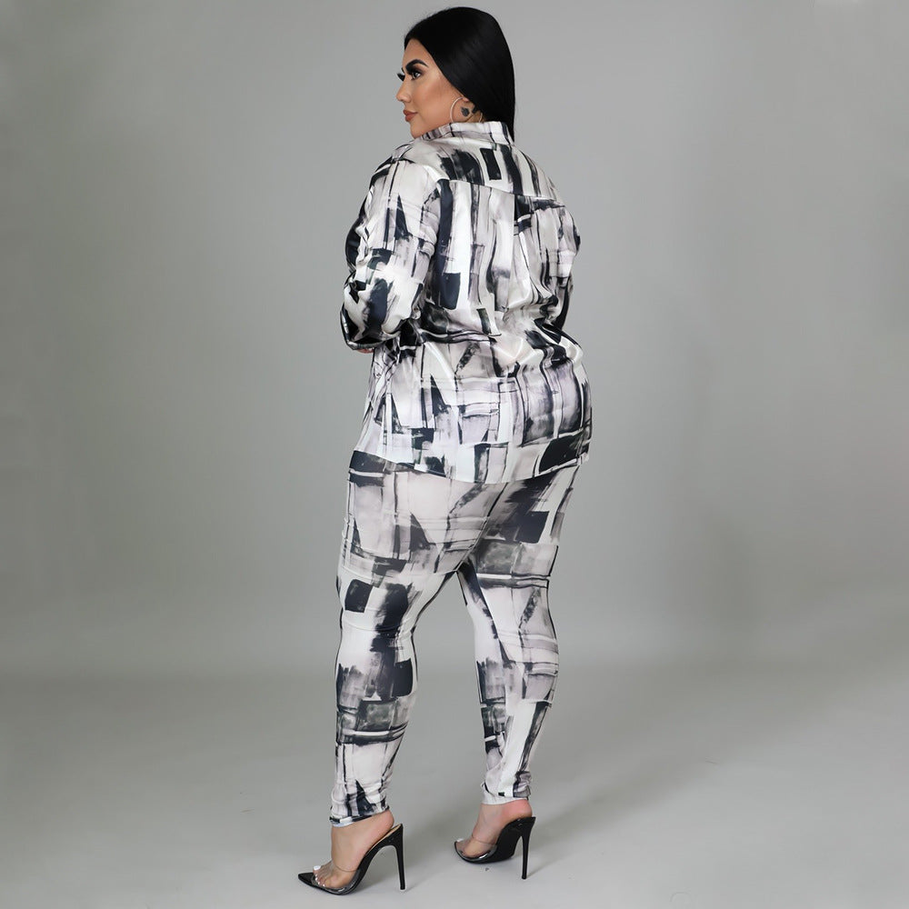 Glossy Shirt Long Sleeve Digital Printed Pants Set