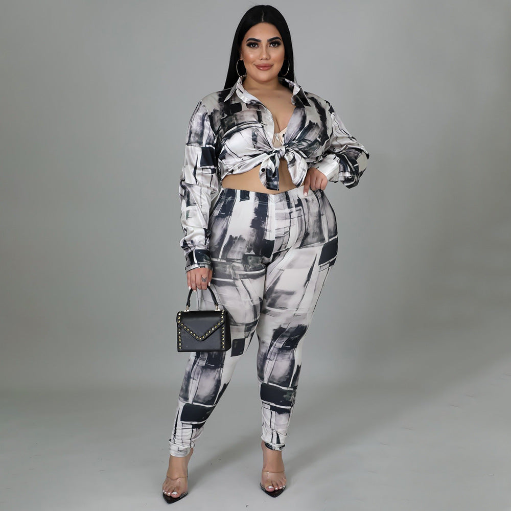 Glossy Shirt Long Sleeve Digital Printed Pants Set