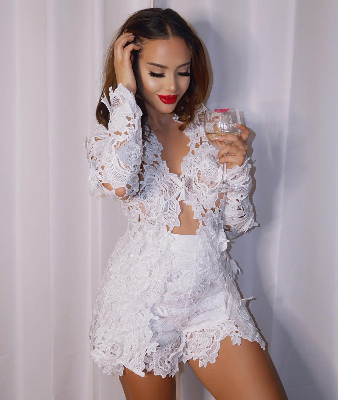 Sexy Lace Long-Sleeved Blouse Pants Nightclub Set