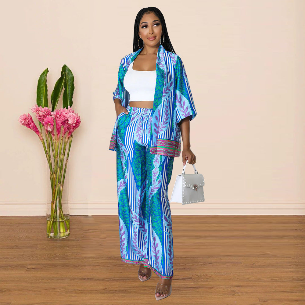 Silk-like Printed Wide-Leg Pants Multi-Color Set