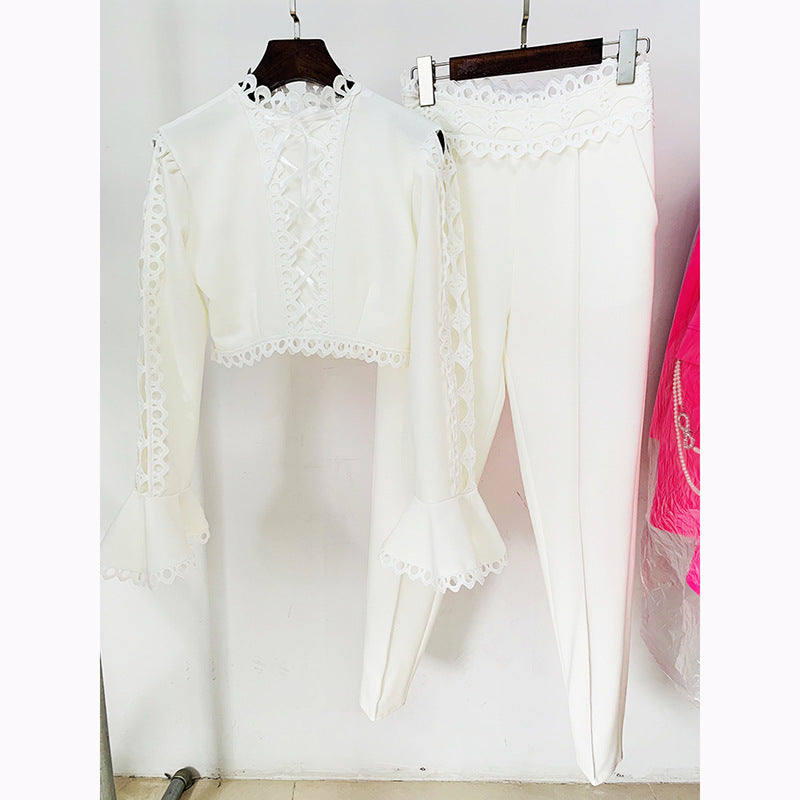 Hollow Out Cutout Lace Bell Sleeve Shirt and Pant Two Piece Set