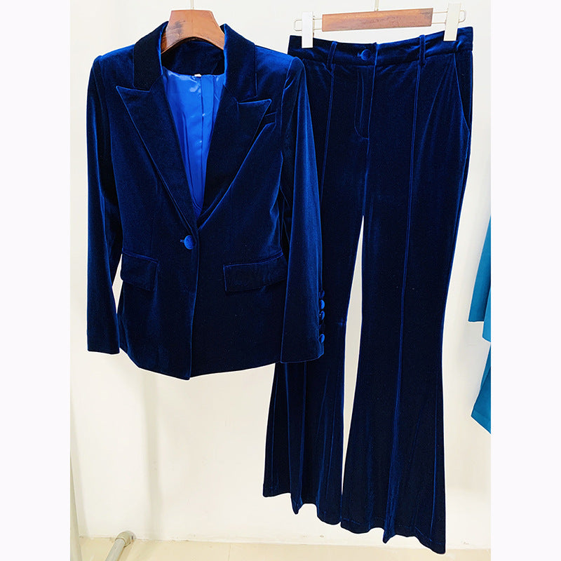 One Button Pleuche Blazer Bell Bottom Pants Suit