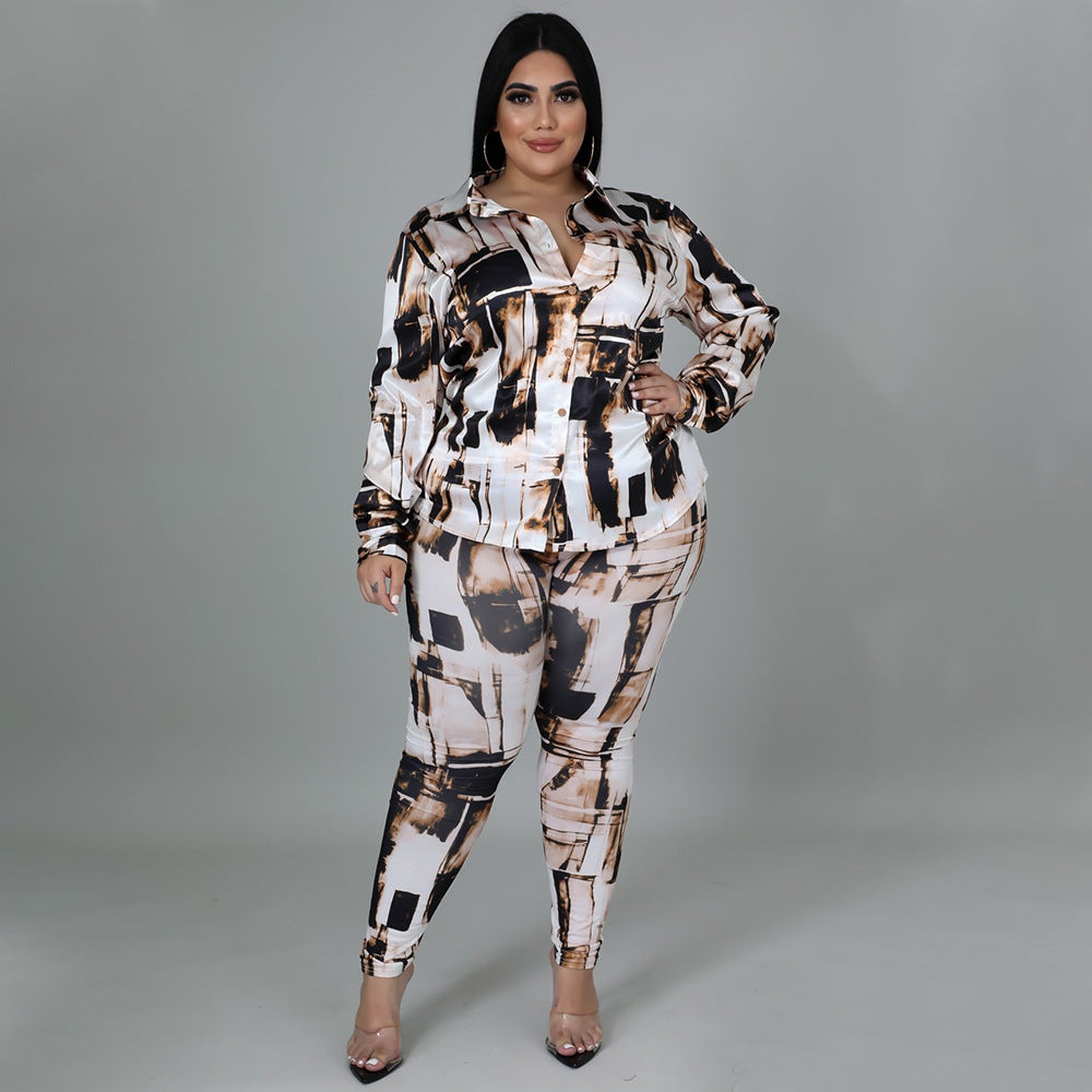 Glossy Shirt Long Sleeve Digital Printed Pants Set