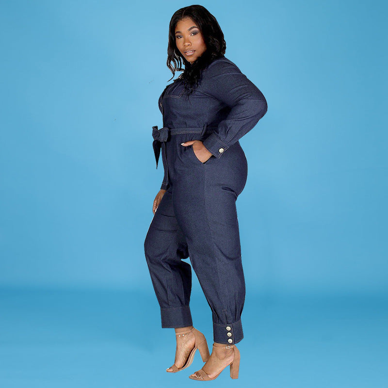 Washed Denim Long Conjoined Trousers Jumpsuit