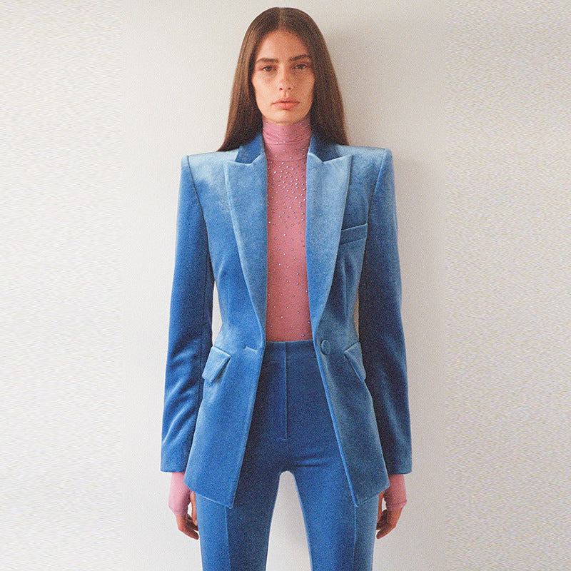 One Button Pleuche Blazer Bell Bottom Pants Suit