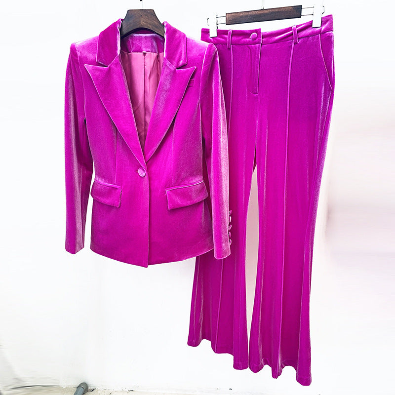 One Button Pleuche Blazer Bell Bottom Pants Suit