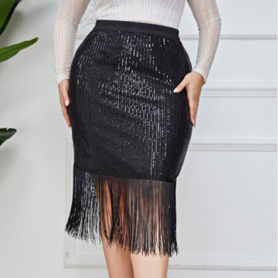 High Waist Retro Office Sheath Sequined Tassel Skirt