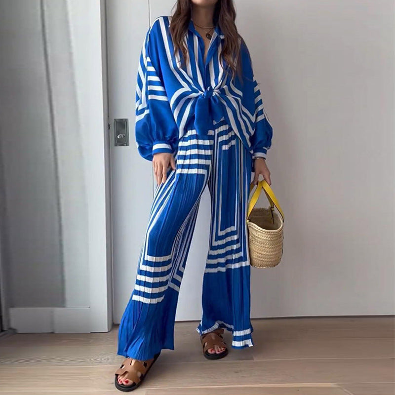 Printed Shirt Pleated Wide Leg Pants Set