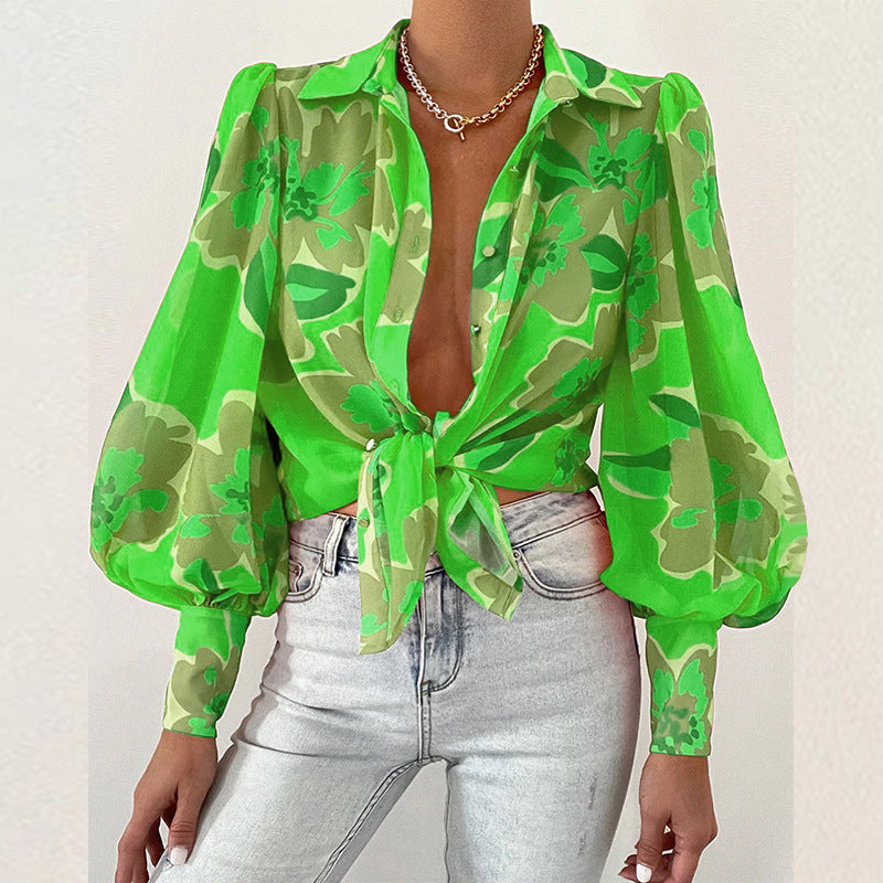 Sexy Bubble Sleeve Collared Printed Shirt