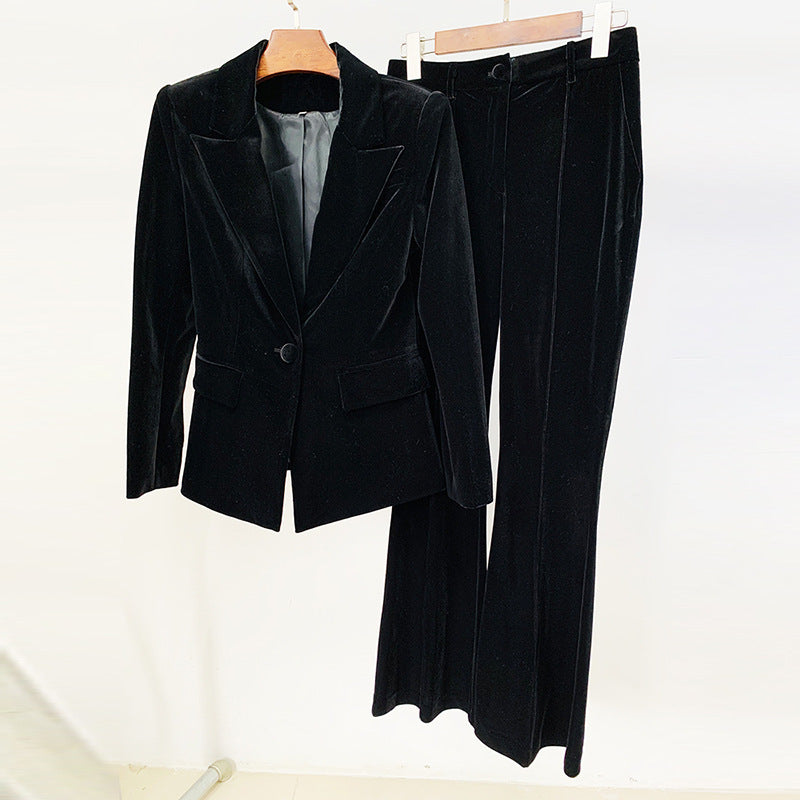 One Button Pleuche Blazer Bell Bottom Pants Suit