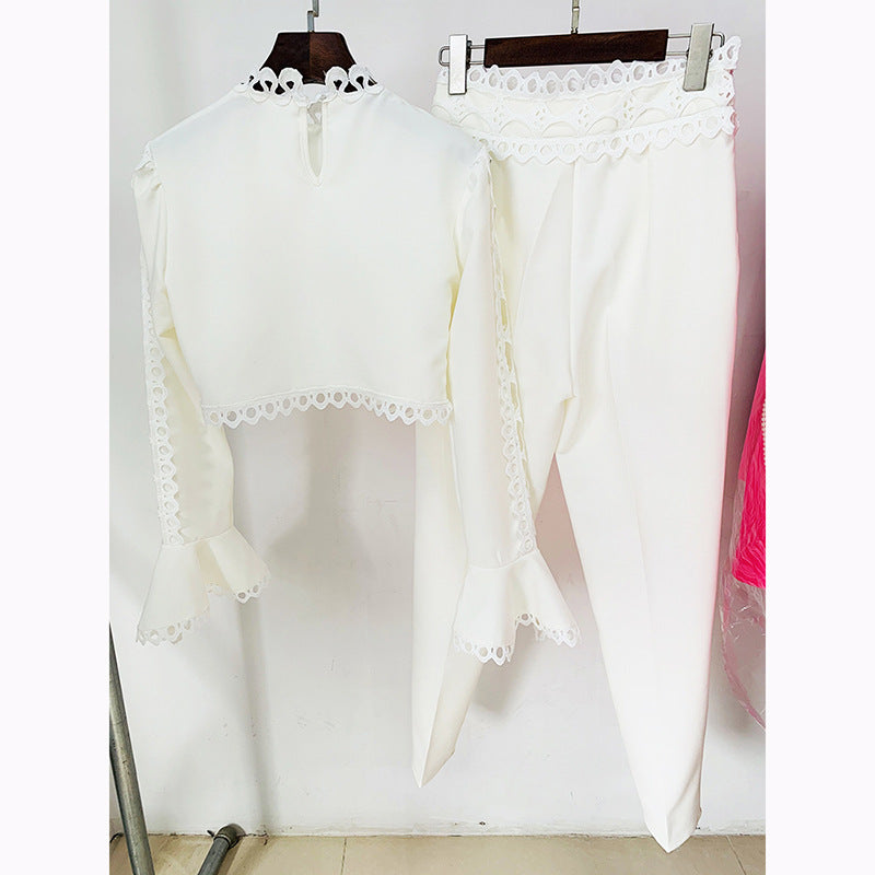 Hollow Out Cutout Lace Bell Sleeve Shirt and Pant Two Piece Set