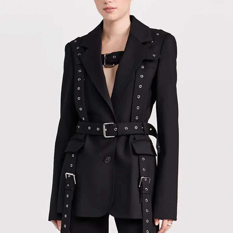 Elegant Rivet Buckle Tight Waist Blazer