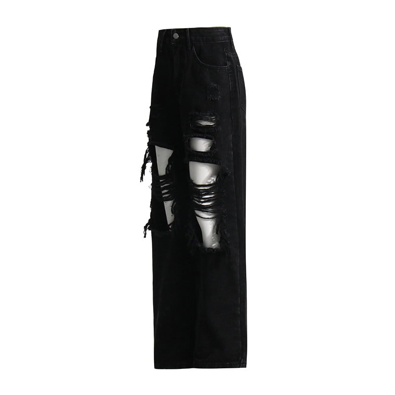 Hole Black Wide Leg Mop Jeans