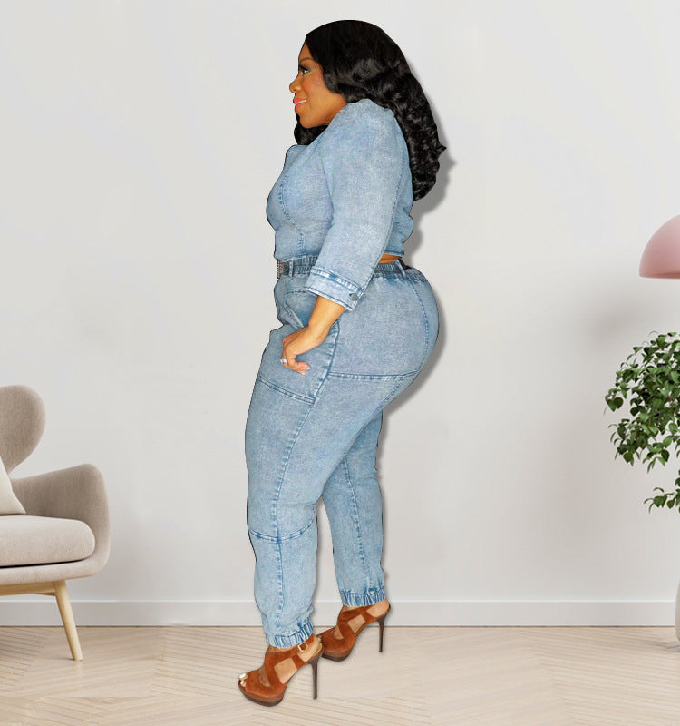 Sexy Shoulder Single Sleeve Washing Denim Set