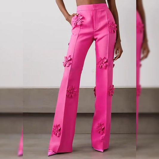 Stars Floral Decoration Bootcut 3D Rose Pants