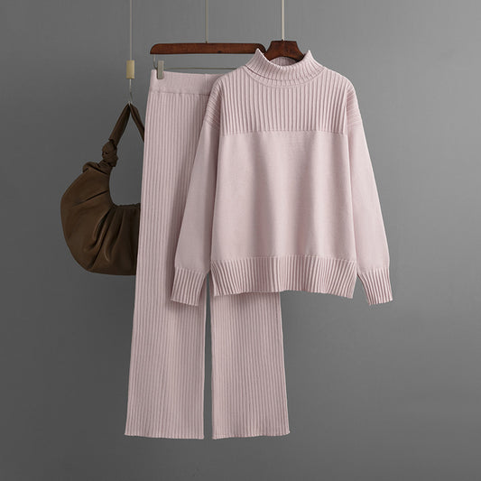 Knitted Pullover Solid Color High Collar Loose Sweater Set